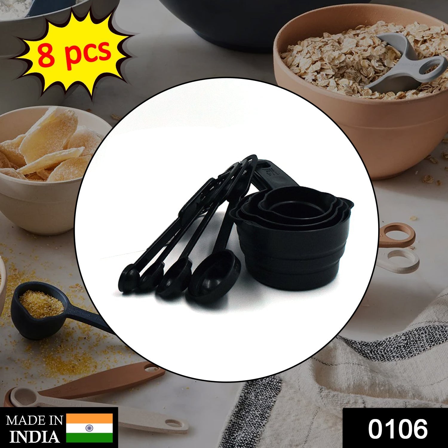 106 Plastic Measuring Cups and Spoons (8 Pcs, Black) Your Brand