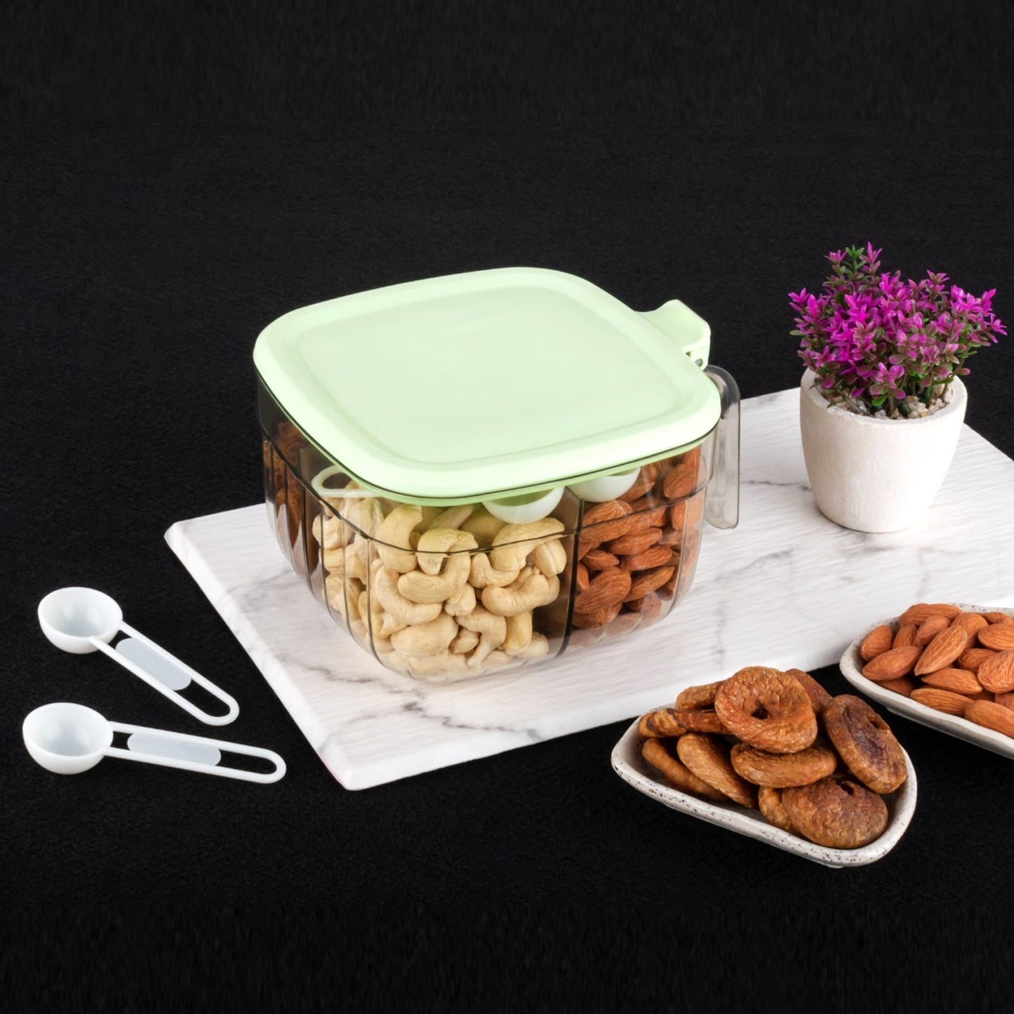 5784 Multipurpose Dry fruit Set, Chocolate, Snacks Storage Box, Masala Box  for Home and Kitchen Airtight Dry Fruit Plastic Storage Container Tray Set With Lid & 4 Compartment, 4 Spoon Container for Sweets,Chips,Cookies | (1 Pc )