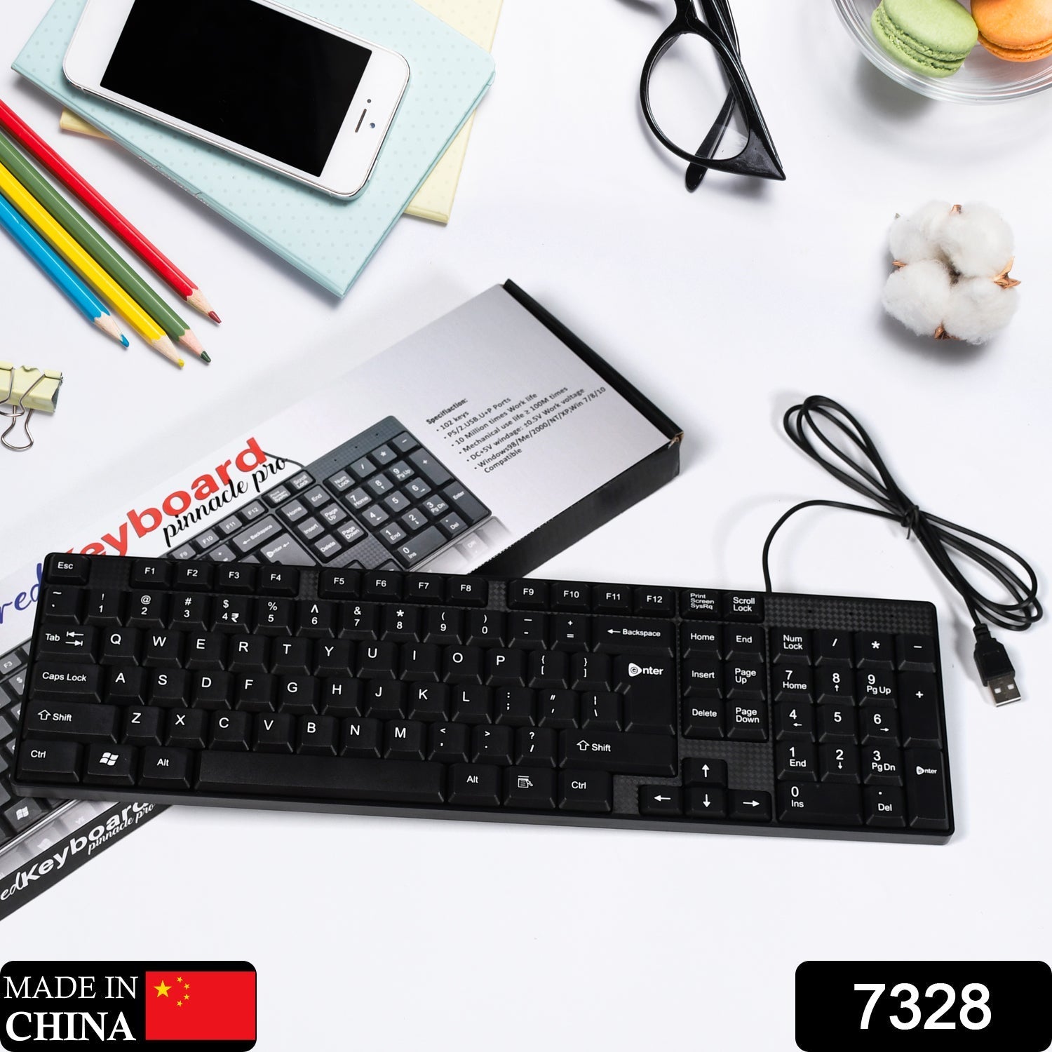 7328 Wired USB 102 Keys, Ergonomic Portable Typewriter Keyboard for Home Office, Plug and Play 