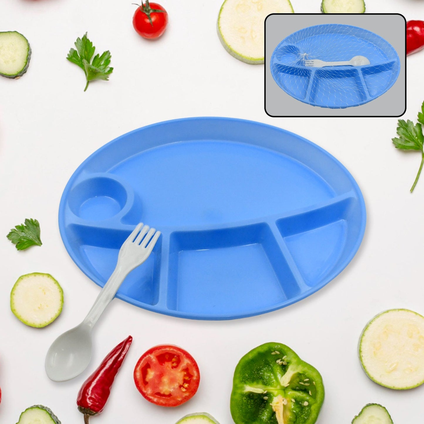 Plastic Food Plates / Biodegradable 5 Compartment Plate With Spoon for Food Snacks / Nuts / Desserts Plates for Kids, Reusable Plates for Outdoor, Camping, BPA-free (1 Pc)