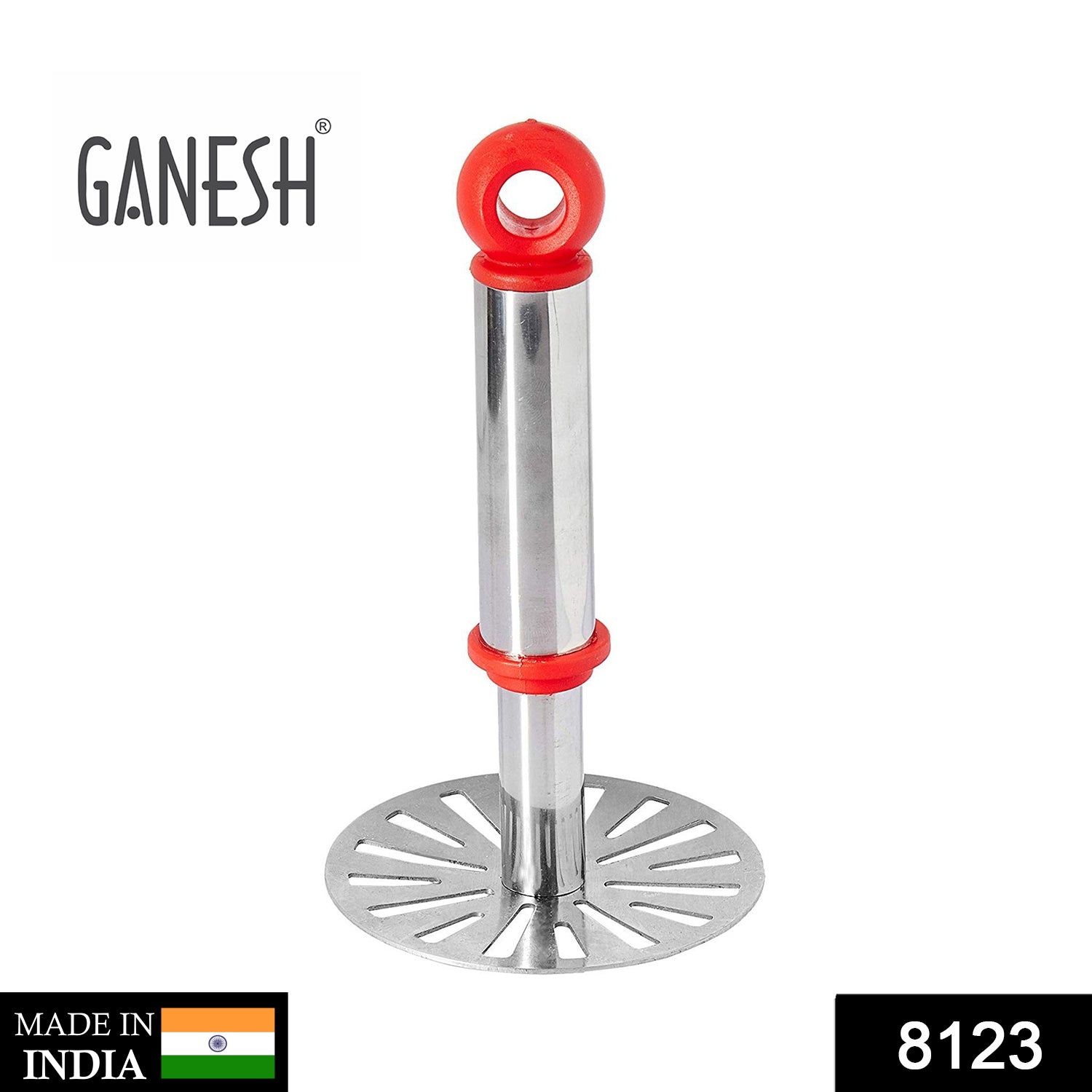 8123 Ganesh Potato/Pav Bhaji Masher with Plastic Handle, Silver & Plastic - Oval Pav Masher, Potato 1-Piece, Smasher Handle, Multicolor 