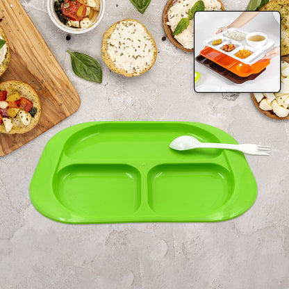 Plastic Food Plates / Biodegradable 3 Compartment Square Plate With Spoon for Food Snacks / Nuts / Desserts Plates for Kids, Reusable Plates for Outdoor, Camping, BPA-free (1 Pc)