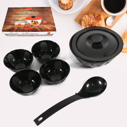 Marvela High Quality Dinning Dinner / Pudding Set 4 pcs Ceramic Medium Bowls, 1 Pc Ceramic big Bowl With 1 Pc Plastic Lid and 1 Pc plastic Serving Spoon, Lightweight Microwave, and Dishwasher Safe (7 Pcs set)