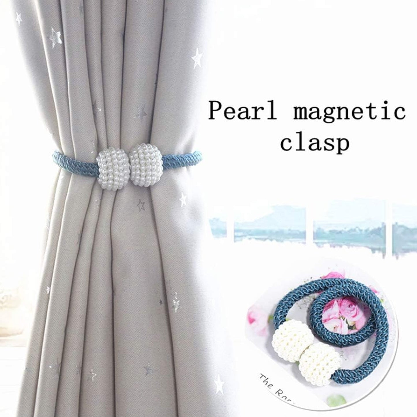 Home Magnetic Curtain Tiebacks, Straps, Buckle, Clips Rope Straps Window Curtain Bracket Decoration, Pearl Decorative Rope Holdback Holder for Window (2 Pc)