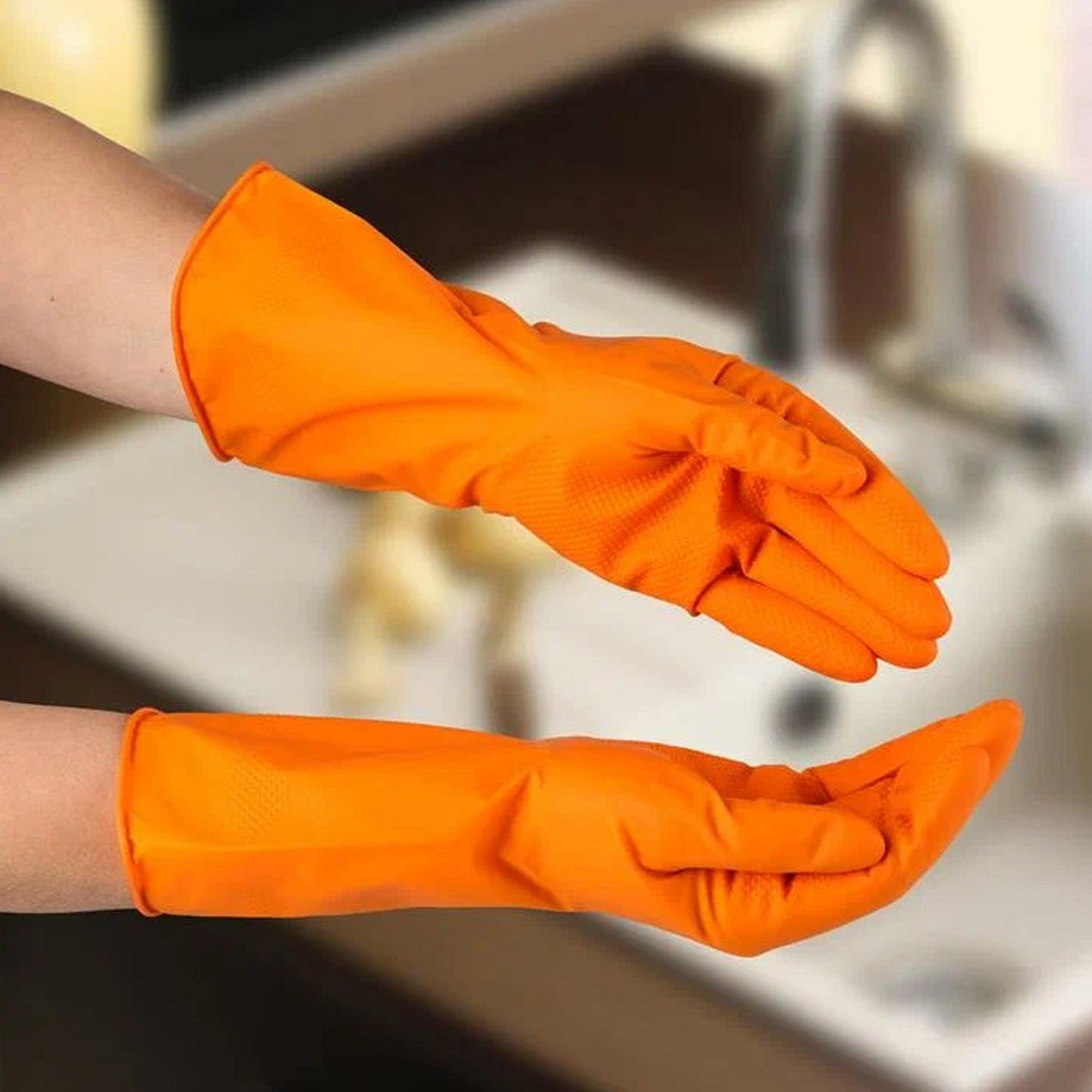 0621 Multipurpose Rubber Reusable Cleaning Gloves, Reusable Rubber Hand Gloves I Latex Safety Gloves I for Washing I Cleaning Kitchen I Gardening I Sanitation I Wet and Dry Use Orange Gloves (1 Pair 40 Gm)