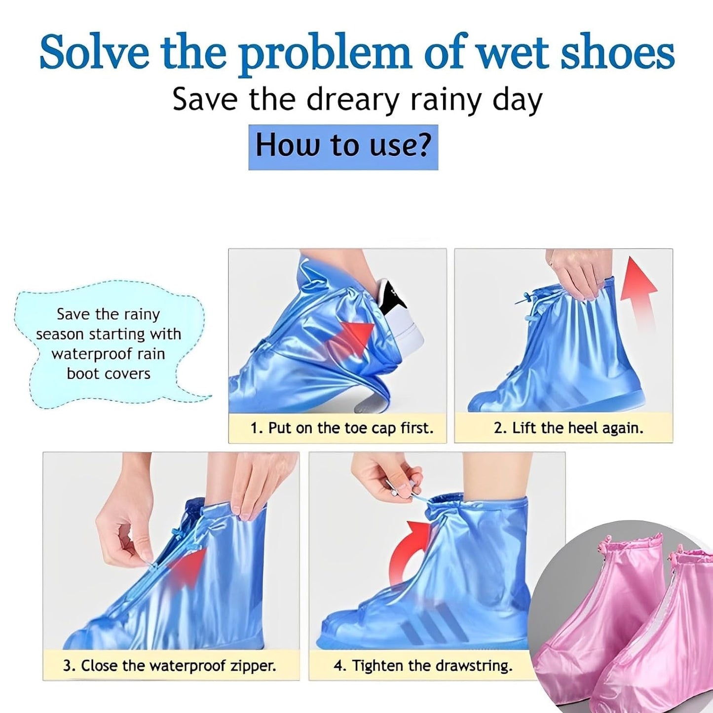 17976 Plastic Shoes Cover Reusable Anti-Slip Boots Zippered Overshoes Covers Transparent Waterproof Snow Rain Boots for Kids / Adult Shoes, for Rainy Season (1 Pair / Pink)