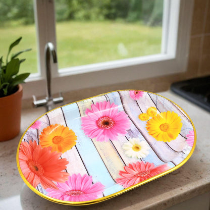 Plastic Flower Printed Design Serving Tray (3 Pcs Set / Mix Color)