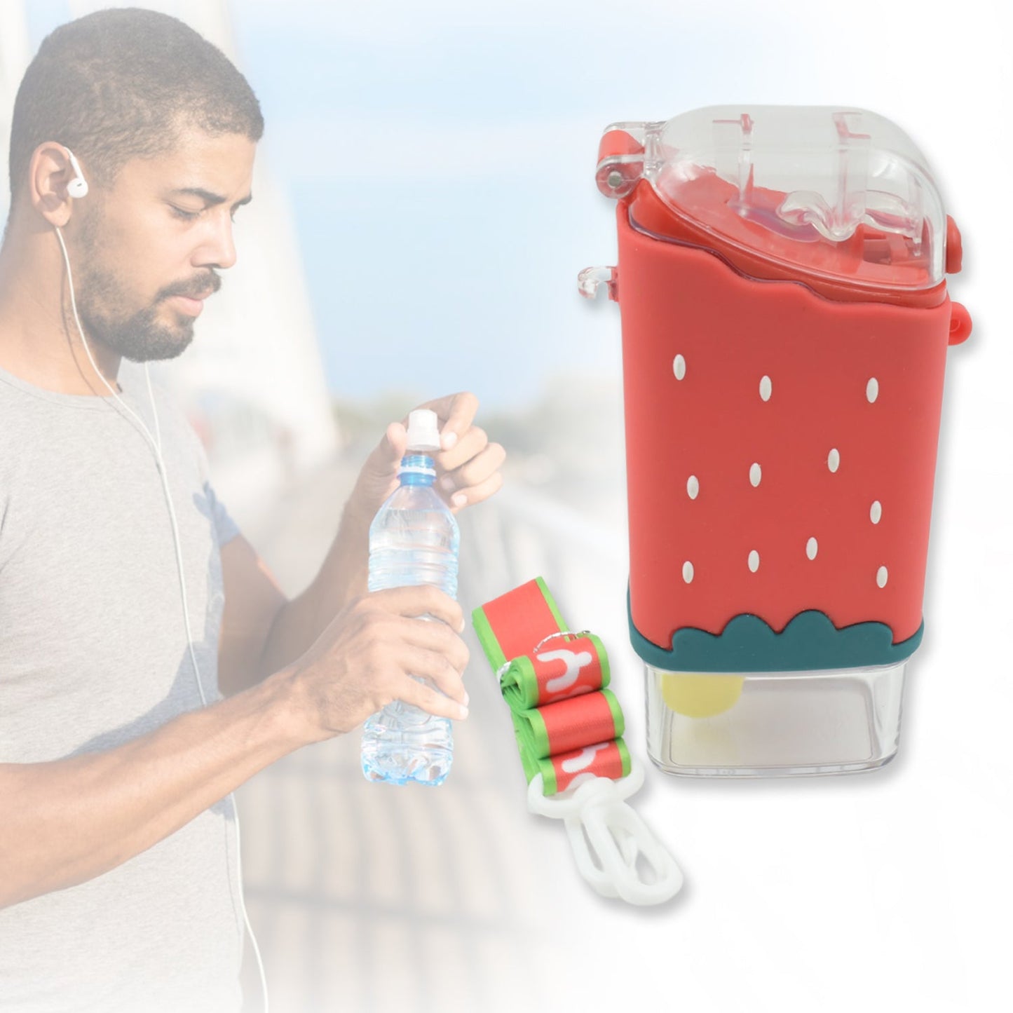 Portable Cute Water Bottle for Kids, Unique Ice Cream Shape water cup, Popsicle Shaped Plastic Kettle with Straw, Adjustable Shoulder Strap, BPA free, Leakproof (300 ML)