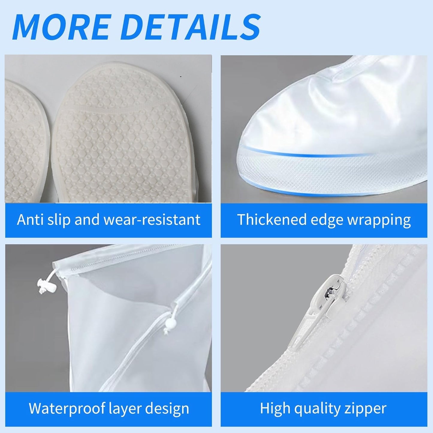 Plastic Shoes Cover Reusable Anti-Slip Boots Zippered Overshoes Covers Transparent Waterproof Snow Rain Boots for Kids / Adult Shoes, for Rainy Season (1 Pair / White)