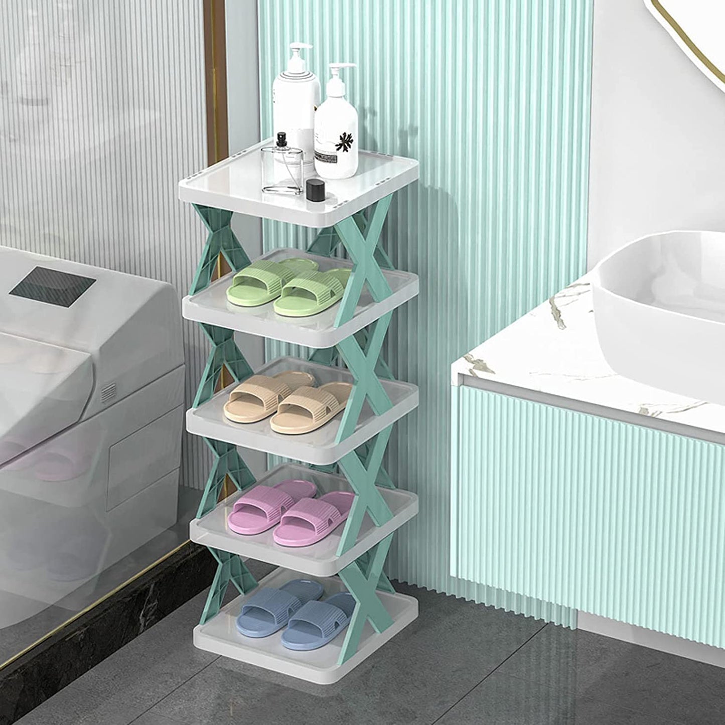 9054A  5 Tier Shoes Stand, Shoe Tower Rack Suit for Small Spaces, Closet, Small Entryway, Easy Assembly and Stable in Structure, Corner Storage Cabinet for Saving Space 