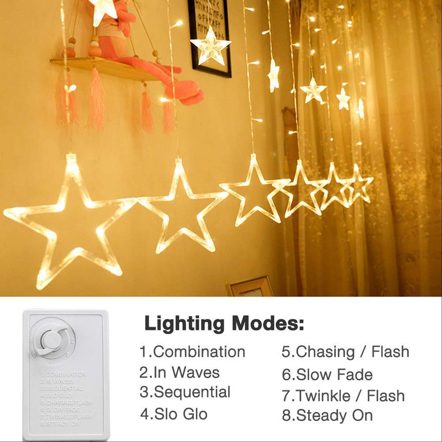 12 Stars Curtain String Lights, Window Curtain Lights with 8 Flashing Modes Decoration for Festivals-11