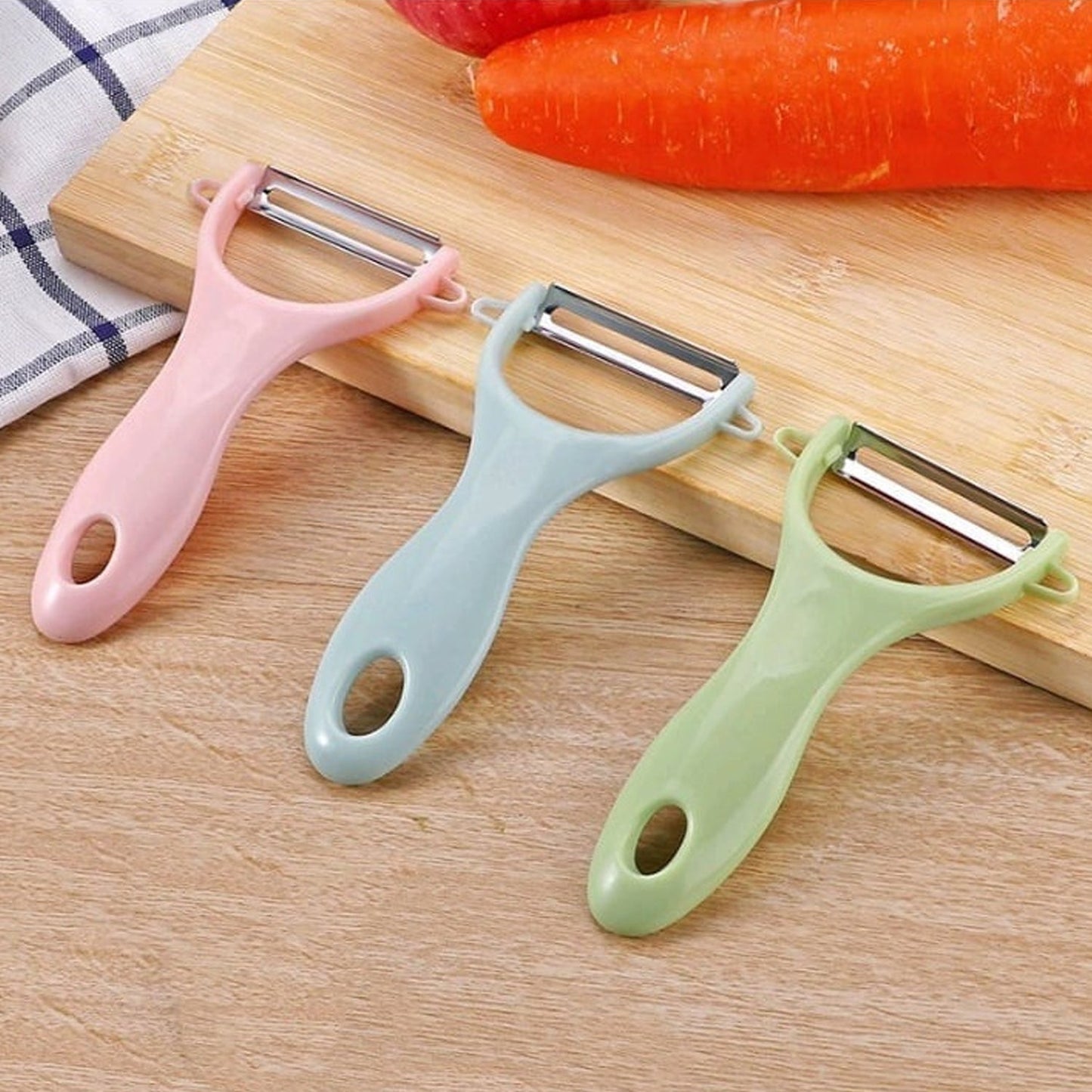 Plastic Kitchen Peeler - Green & Classic Stainless Steel 3-Piece Knife Set Combo