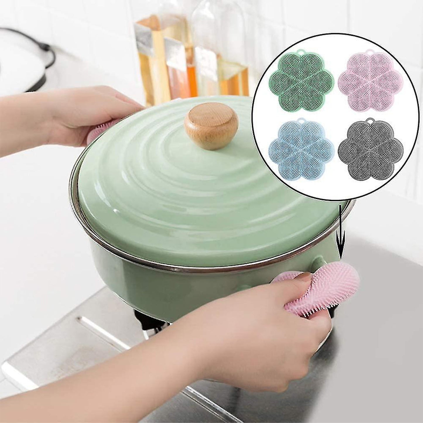 Multifunction Silicone Sponge Dish Washing Kitchen Scrubber, Dishwashing Brush Silicone Kitchen Brush Flower Shape Cleaning Brushes for Home Restaurant Easy Cleaning Tool Heat-Resistant Mat Kitchen Home Gadgets (1 Pc)