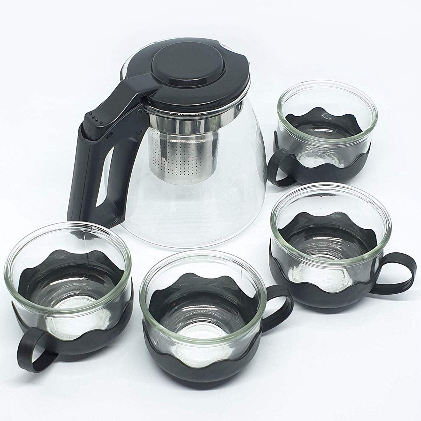 Flame Proof Glass Kettle & Cup Set With Strainer High Quality Kettle Set For Home & Café Use  (4 Cup & 1 Kettle) (24 Pc MOQ)