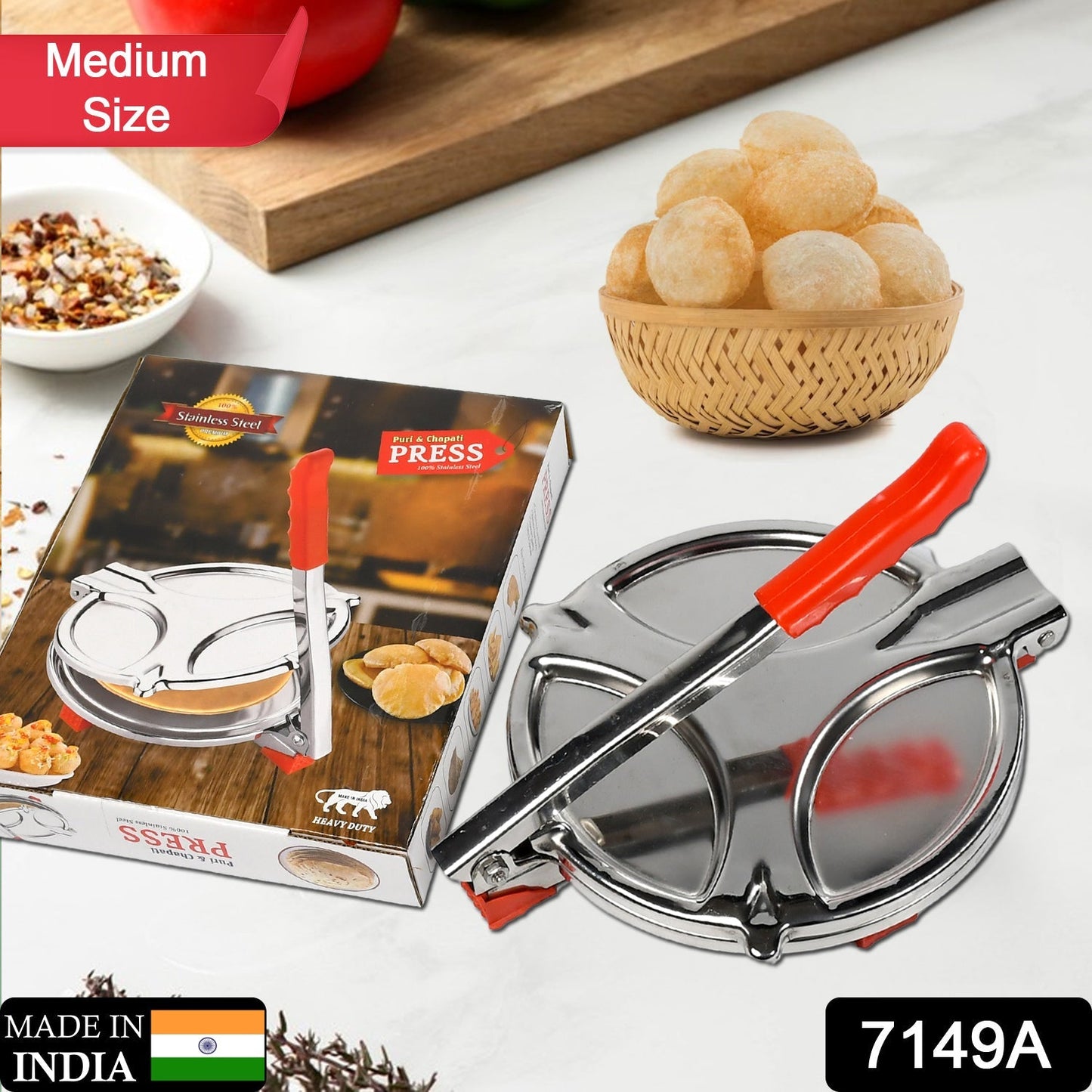 PURI PRESS MAKER - STAINLESS STEEL PURI MAKER PRESS MACHINE - ROTI CHAPATI PRESSER FOR HOME - PAPAD-KHAKHRA- PURI MAKER PRESS MACHINE WITH HANDLE, MANUAL PURI MAKER (MEDIUM)