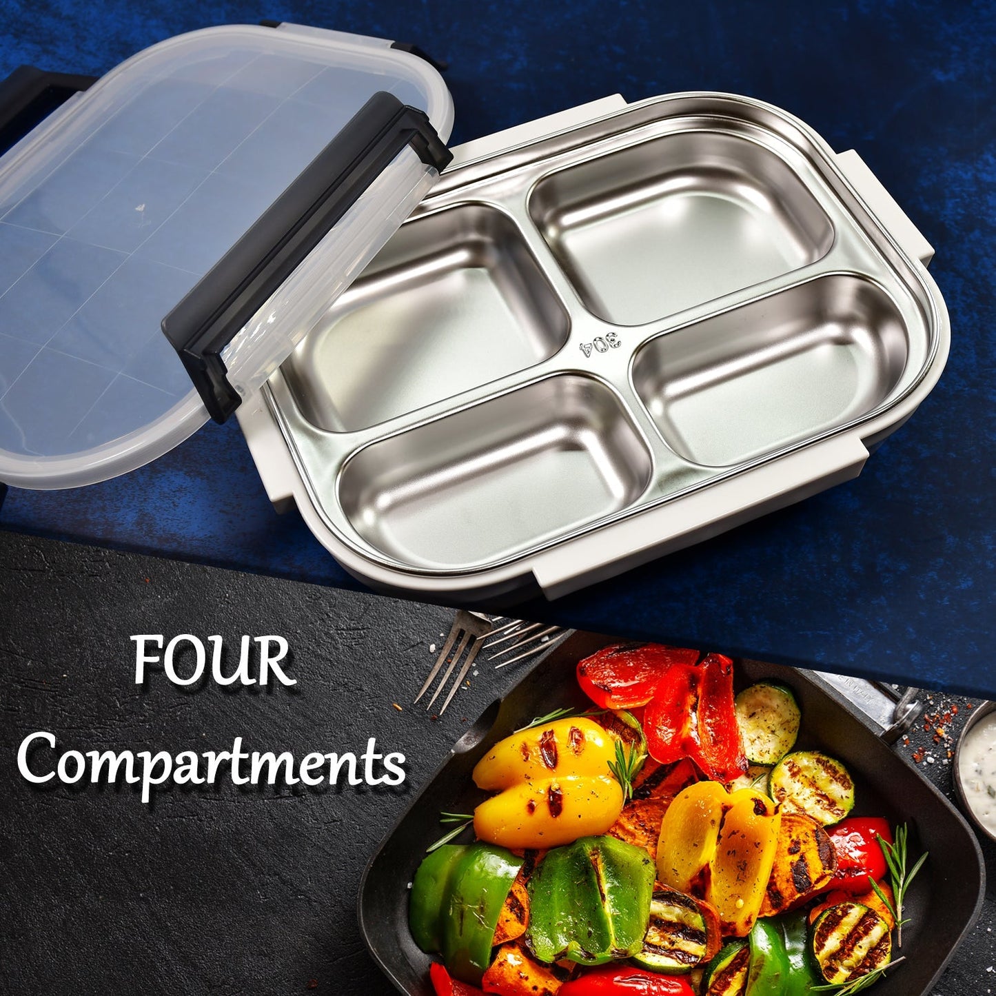 2043 White Transparent 4 Compartment Lunch Box for Kids and adults, Stainless Steel Lunch Box with 4 Compartments. 