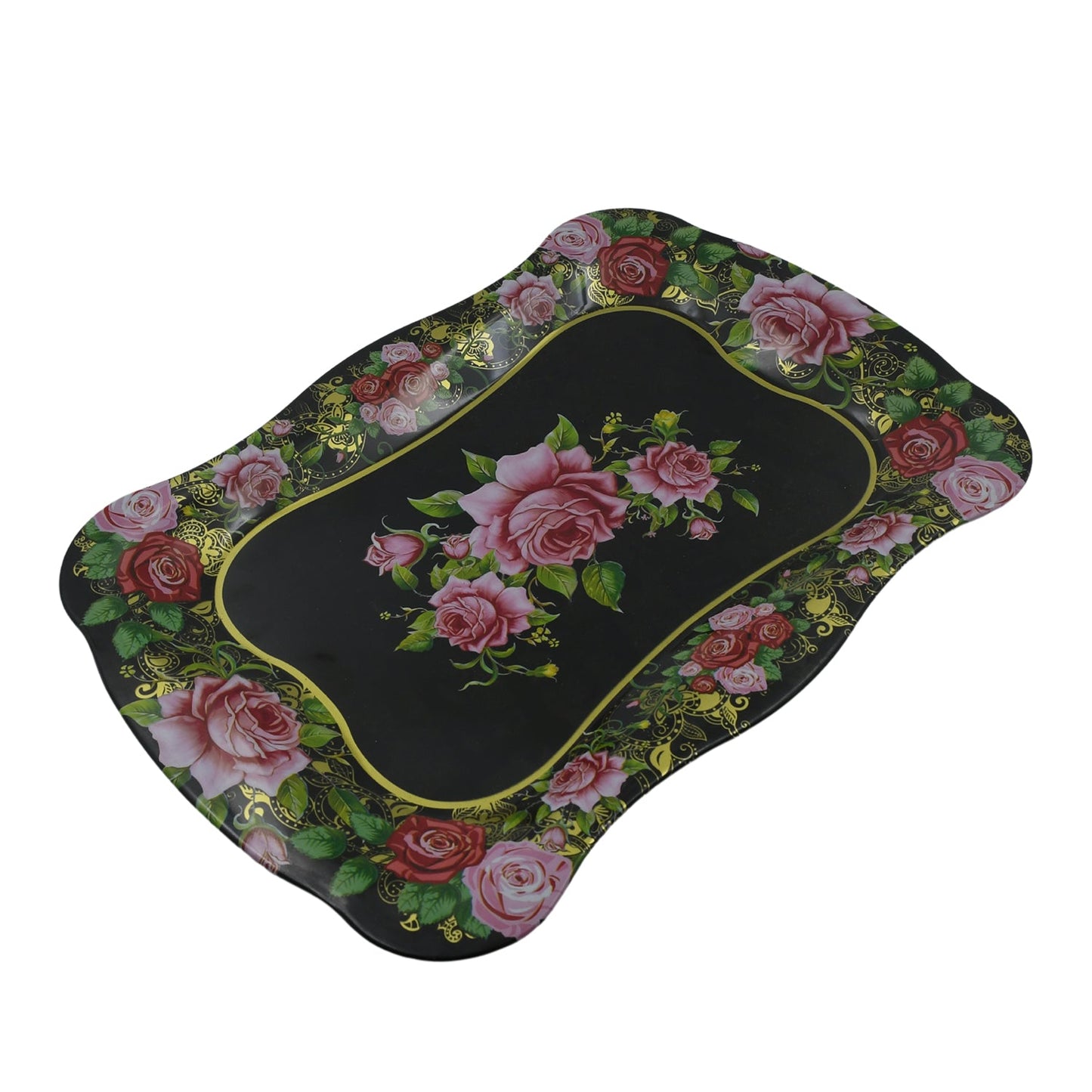 Stainless Steel Serving Tray With Flower Printed Rectangle Premium Dining Table Plate (18 x 8.5 Inch / 1 Pc)