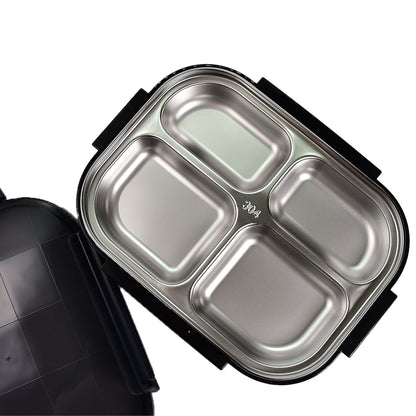 2979 Black Transparent 4 Compartment Lunch Box for Kids and adults, Stainless Steel Lunch Box with 4 Compartments. 