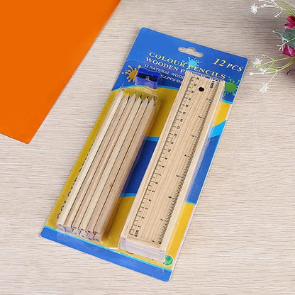 4726 Colorful Wooden Pencil Set with Pencil box, Ruler, Sharpener For for Kids, Artist, Architect (12 Pcs Set)