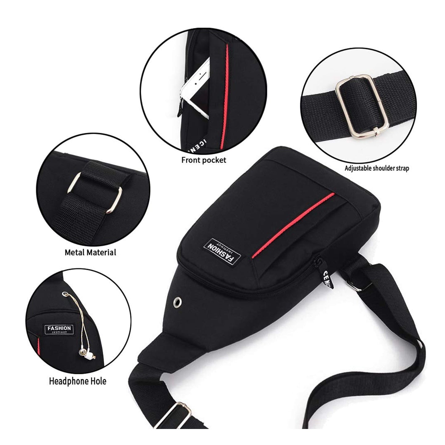 0322 Black Waterproof Anti Theft Crossbody fanny pack waist bag PU Leather Shoulder Bags Chest Men Casual fashion USB Charging earphone hook Sling Travel Messengers Bag 