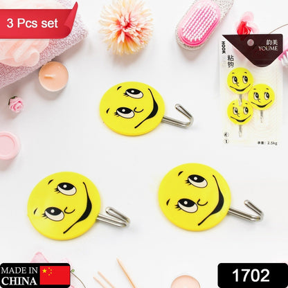 1702 3Pcs Self Adhesive Multipurpose Smiley Hooks For home Use