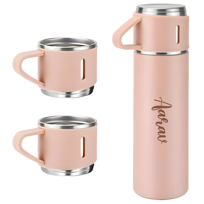 Customized/Personalized Stainless Steel Water Bottle Vacuum Flask Set With 3 Steel Cups Combo | Gifting Custom Name Water Bottle | Gifts for boyfriend/Girlfriend/Employee | 500ML |