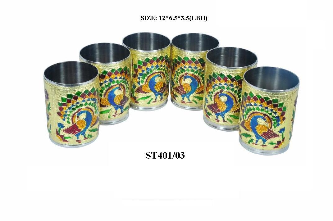 2125 Peacock Design Glass with Handle and Handicraft Serving Tray Set 