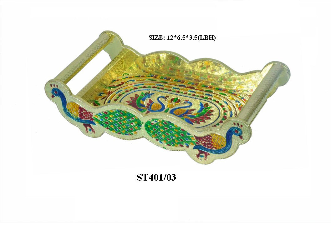 2125 Peacock Design Glass with Handle and Handicraft Serving Tray Set 