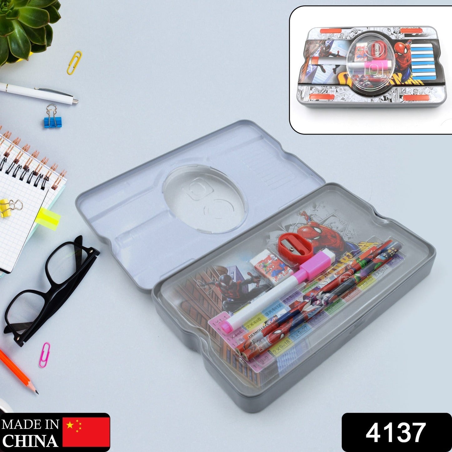 Big Cartoon Printed  Metal Compass Box, Pencil Case With Sharpner, Eraser, Pencil, Marker & Scale for Kids Stationery Compass Box, Stationery Gift for School Kids Compass, Pencil Box, Birthday Return Gift for Kids  (6 Pc Set)