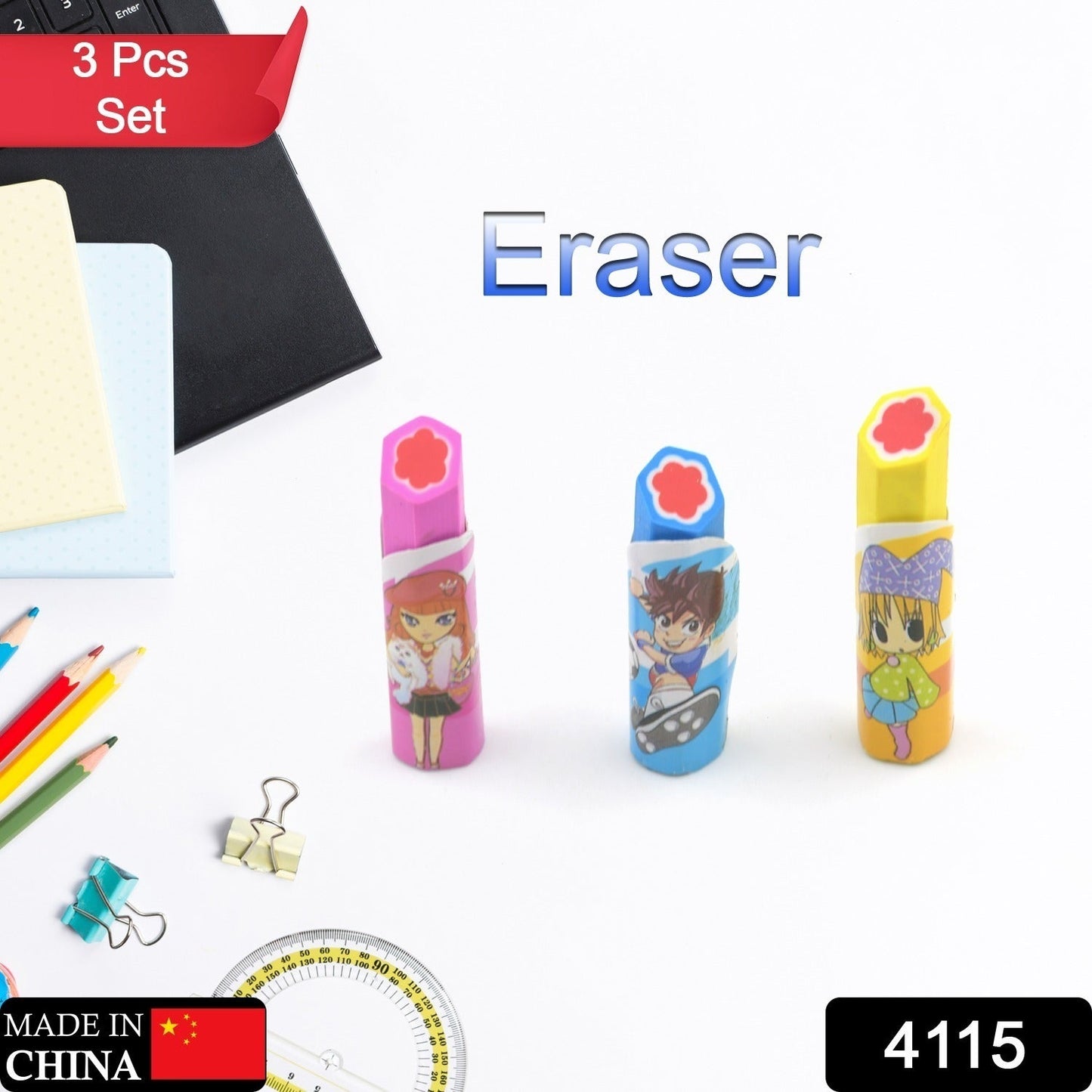 Lipstick Style Rubber Eraser for Return Gift, Lipstick Shape Non-Toxic Eraser for Kids, 3D Stationary for Birthday Return Gift (3 Pc Set)