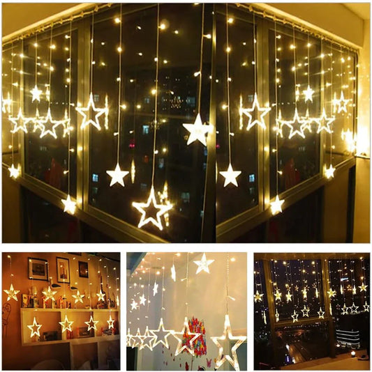 12 Stars LED Curtain String Lights with 8 Flashing Modes for Home Decoration, Diwali & Wedding LED Christmas Light Indoor and Outdoor Light ,Festival Decoration  (Warm White)