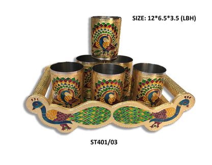 2125 Peacock Design Glass with Handle and Handicraft Serving Tray Set 