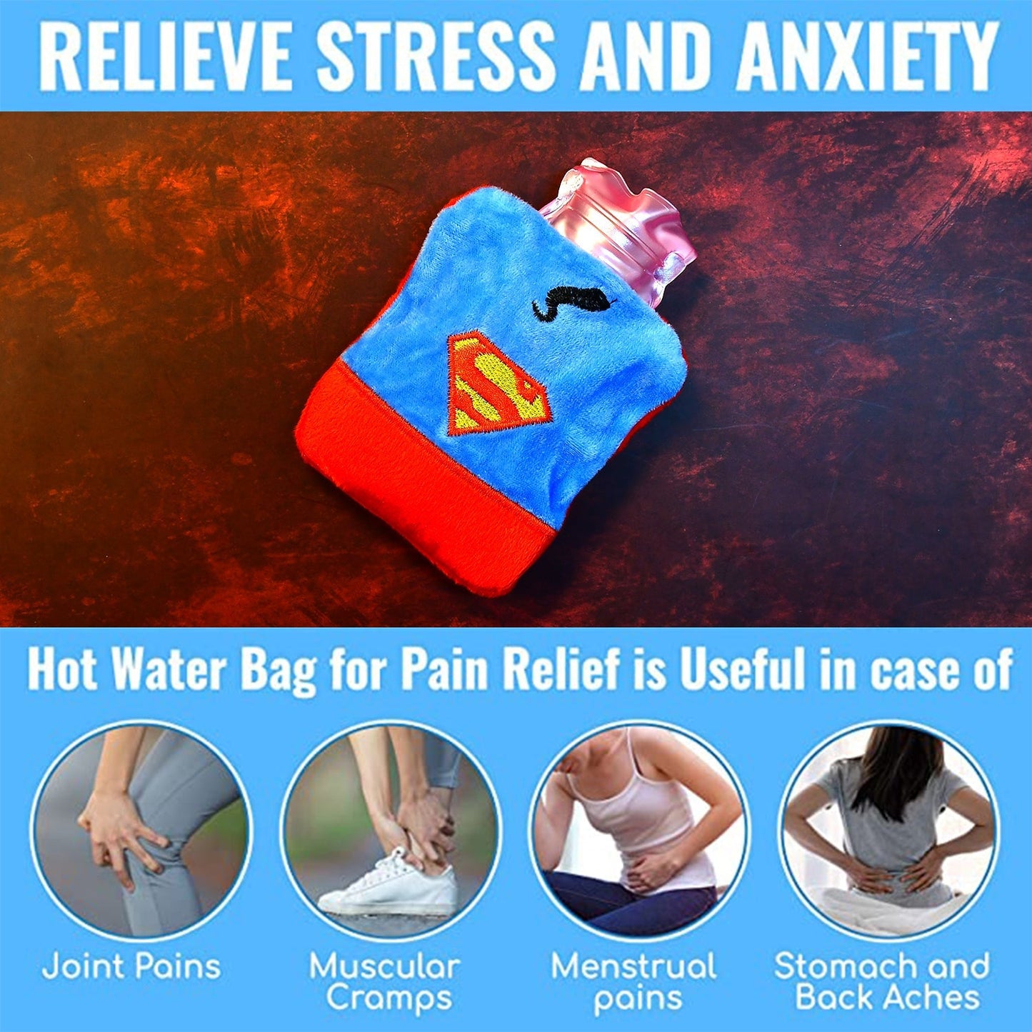 Superman Print Small Hot Water Bag with Cover for Pain Relief