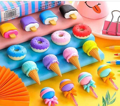 Cone / Donut / Lolipop / Ice cream / Eraser for Girls & Boys / Eraser for School B'Day Return Gift Party Doughnut Lollipop Ice Cream Theme Shape Erasers Pencils Set for Kids Educational Stationary kit, School Supplies (1 Set 4 Pc)