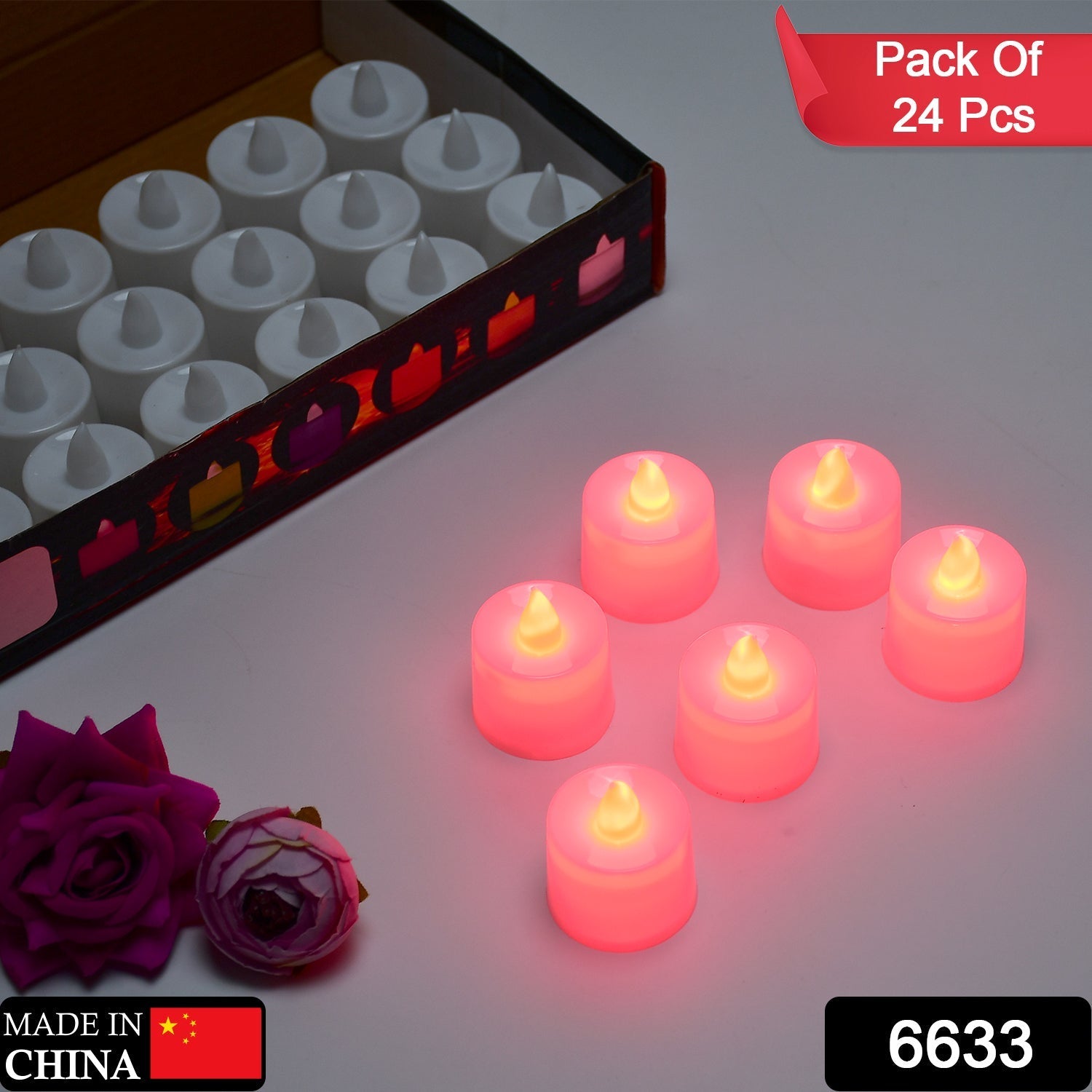 6633 Red Flameless LED Tealights, Smokeless Plastic Decorative Candles - Led Tea Light Candle For Home Decoration (Pack Of 24) 