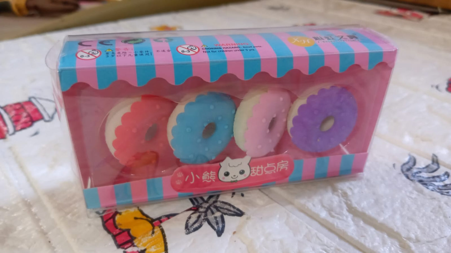 Donut Eraser for Girls & Boys / Eraser for School B'Day Return Gift Party Doughnut Lollipop Ice Cream Theme Shape Erasers Pencils Set for Kids Educational Stationary kit, School Supplies (1 Set 4 Pc)