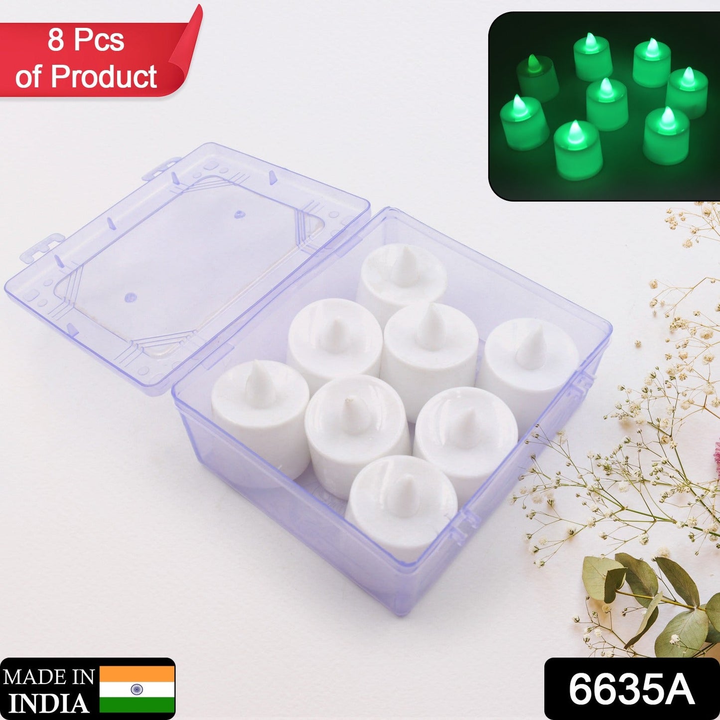 GREEN FLAMELESS LED TEALIGHTS, SMOKELESS PLASTIC DECORATIVE CANDLES - LED TEA LIGHT CANDLE FOR HOME DECORATION (PACK OF 8)