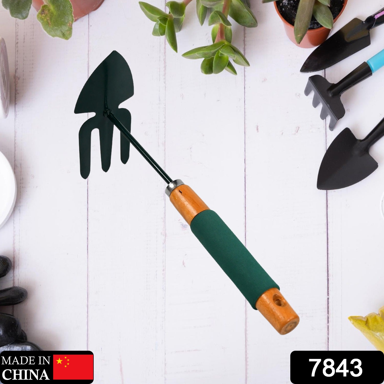 7843 2 IN 1 DOUBLE HAND HOE GARDENING TOOL WITH WOODEN HANDLE 