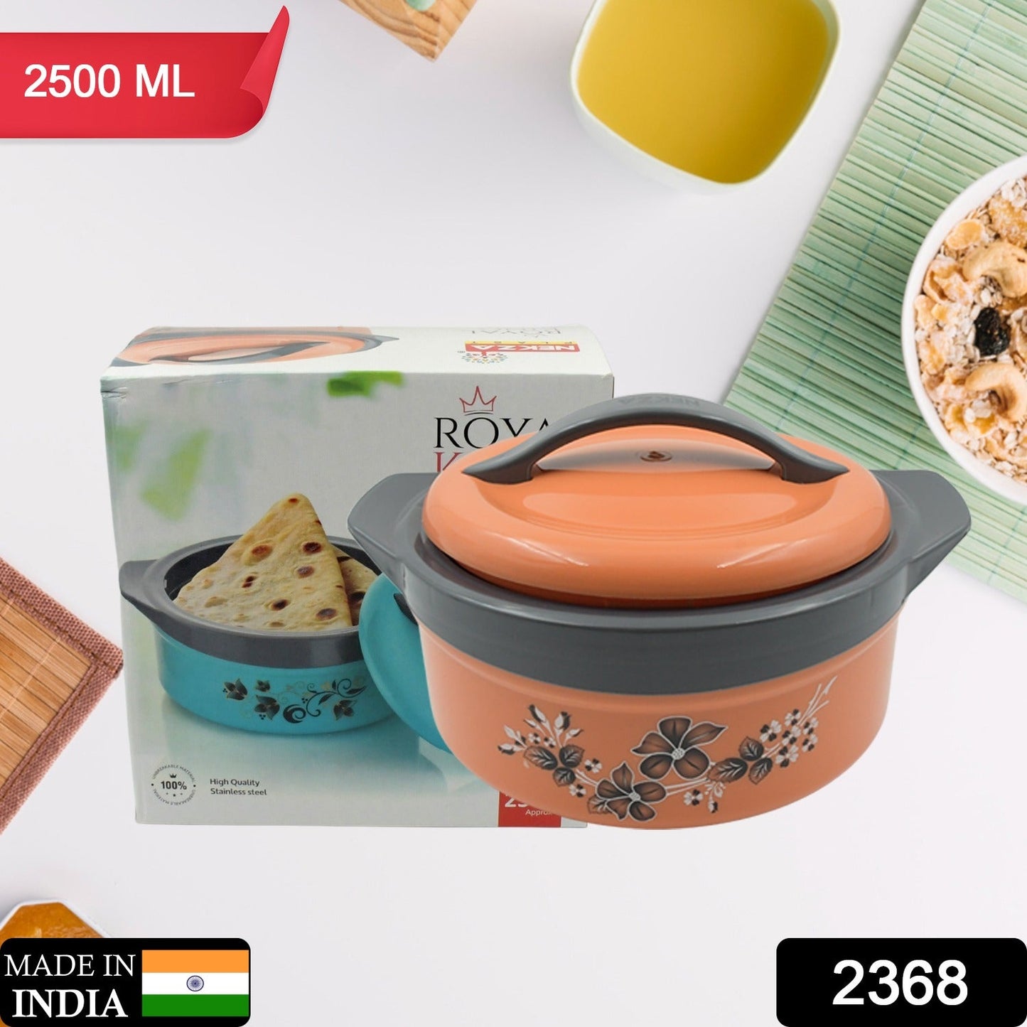 Casserole Box for Food Searving Inner Steel Insulated Casserole Hot Pot Flowers Printed Chapati Box for Roti Kitchen (Approx 2500 ml)