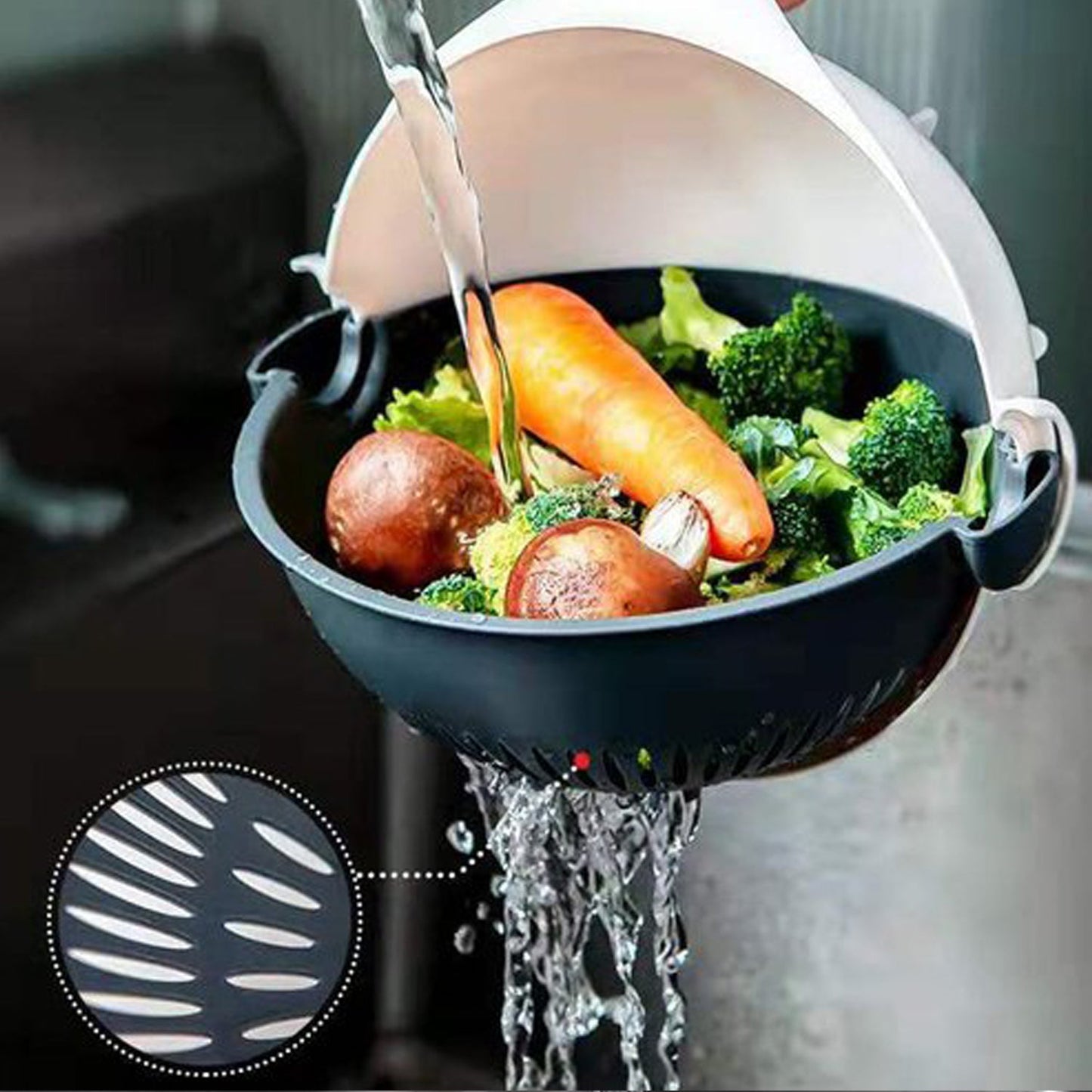 Premium Portable 7 in 1 Multifunction Magic Rotate Vegetable Cutter / Chopper / Slicer / Shredder with Drain Basket with various Dicing Blades