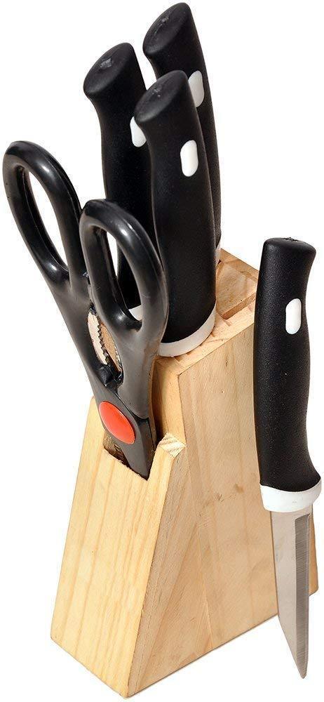 0102 Kitchen Knife Set with Wooden Block and Scissors (5 pcs, Black)