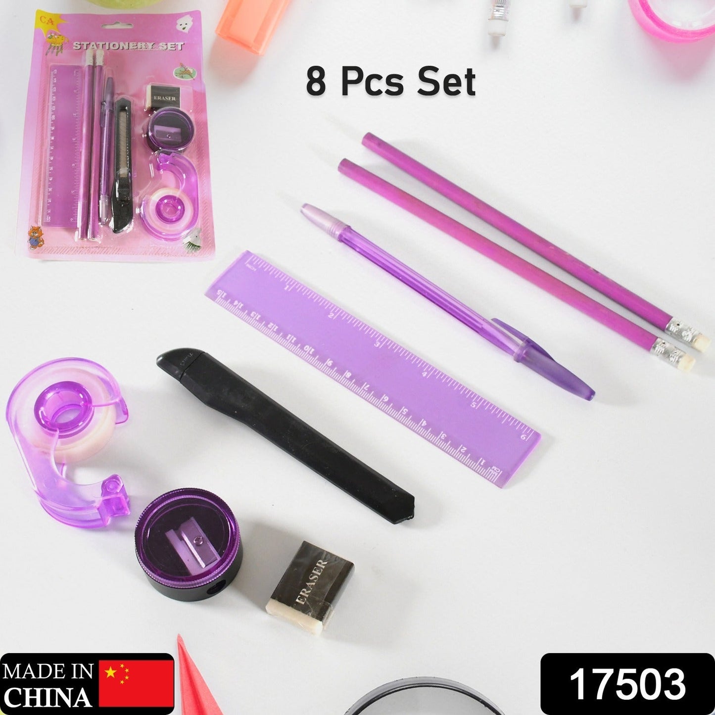 Stationary Sets For kids (8 pcs set), Educational item And gift set for kids Set includes 2 pencil, ruler, sharpener, eraser, cutter, tap and pen.