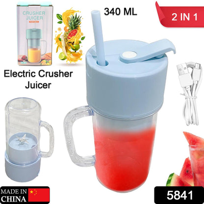 5841 2 In1 Portable Crusher Juicer With Handle & Straw for Smoothie Sipper USB Rechargeable (340 ml) 6 Stainless Steel Blades Compact Juicer Mixer, Juicer Portable Fresh Juice Blender Portable Electric Juicer ( 340 ML )