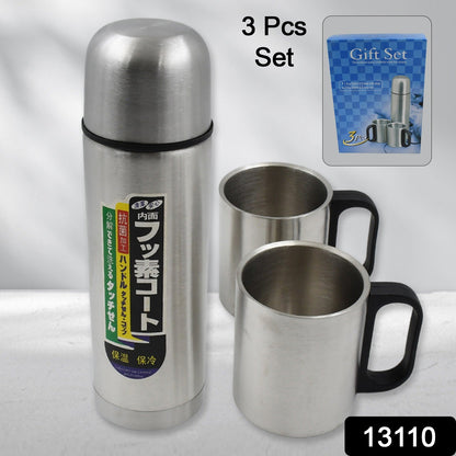 Double Wall Stainless Steel Thermos Flask 500ml Vacuum Insulated Gift Set with Two Cups Hot & Cold, Stainless Steel, Diwali Gifts for Employees, Corporate Gift Item (3 Pcs Set)