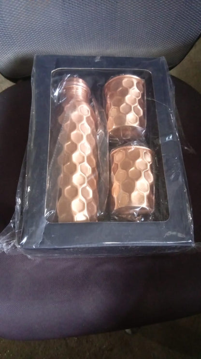 Diamond Cut Copper Water Bottle 2 Glasses with Gift Box (3 Pcs Set)