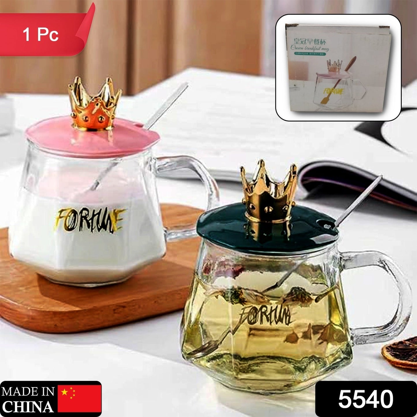 Tea-Coffee Mug Golden Crown Shape and Stainless Spoon, Glass Cup With Hand, Milk, Chocolate and Beverage, Tea and Water, Clear Drinking Cups (1 Pc)