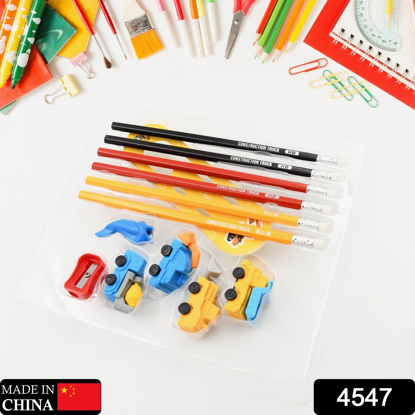 Pencil and Eraser Set, Construction Truck Theme Stationery Kit Includes 6 Pencils, 4 Erasers, 1 Sharpener, 1 Ruler Bookmark, 1 Pencil Cap Stationary For Birthday Gifts for Kids, Birthday Return Gifts (13 Pc set)