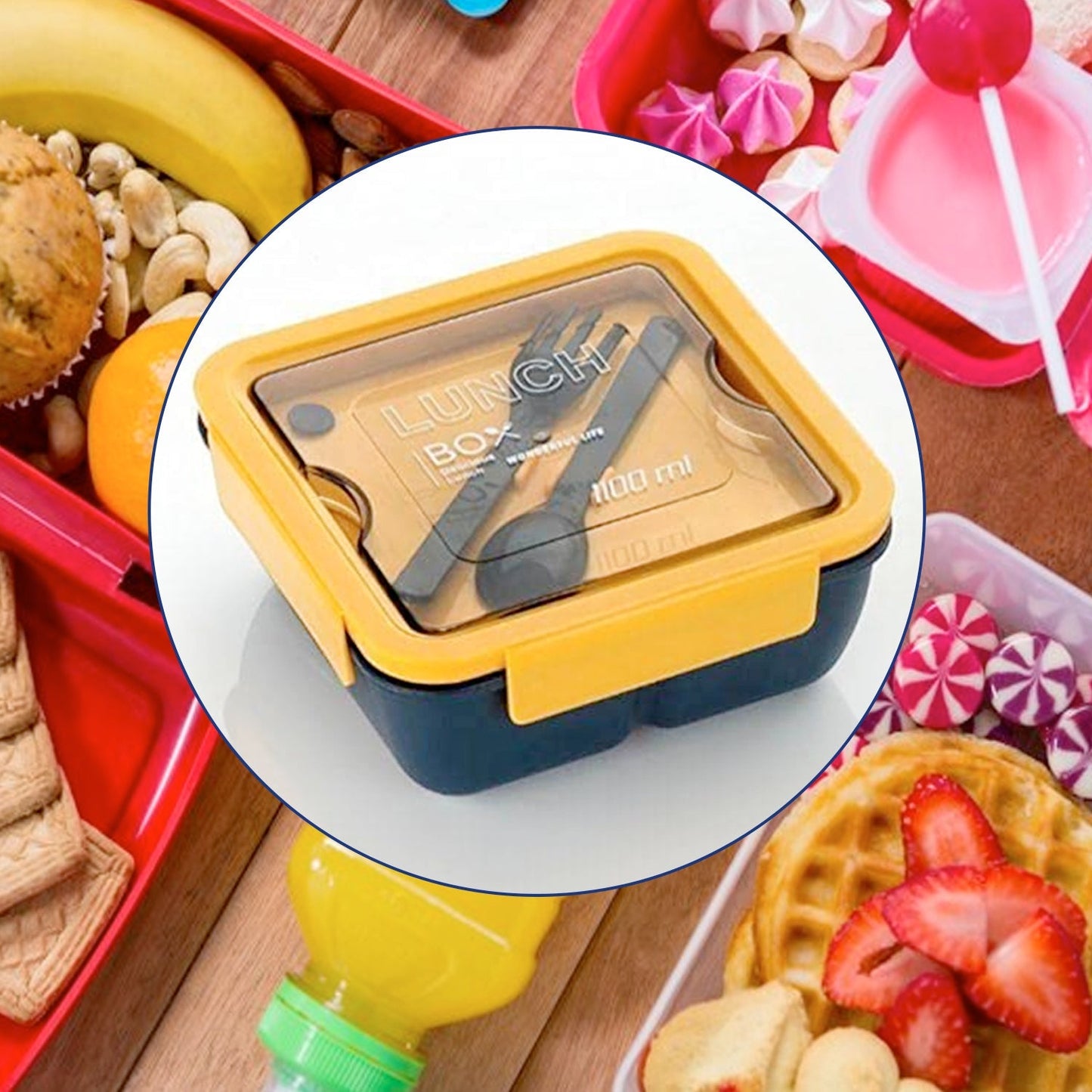 5336 Lunch Box Food Grade Plastic 2 Compartment Containers with Spoon and Fork Microwave Freezer Safe Leak Proof Tiffin Box Ideal for Adult & Kids 